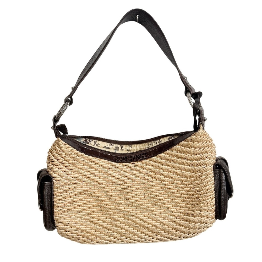 VTG Y2K Boho Brighton Woven Straw Leather Shoulder Bag Brown Side Pocket Purse
